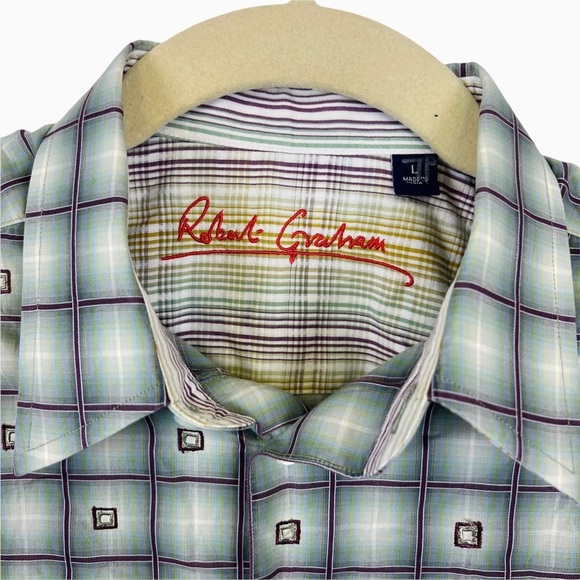 Robert Graham Long Sleeve Shirt Check Print‎ Green Purple Men’s Size Large - Picture 3 of 8
